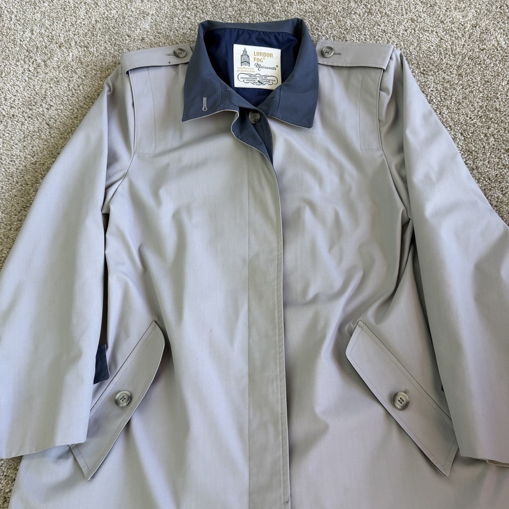Vintage London Fog Coat Womens 14 Gray Twill Rain Long Lined Button Front